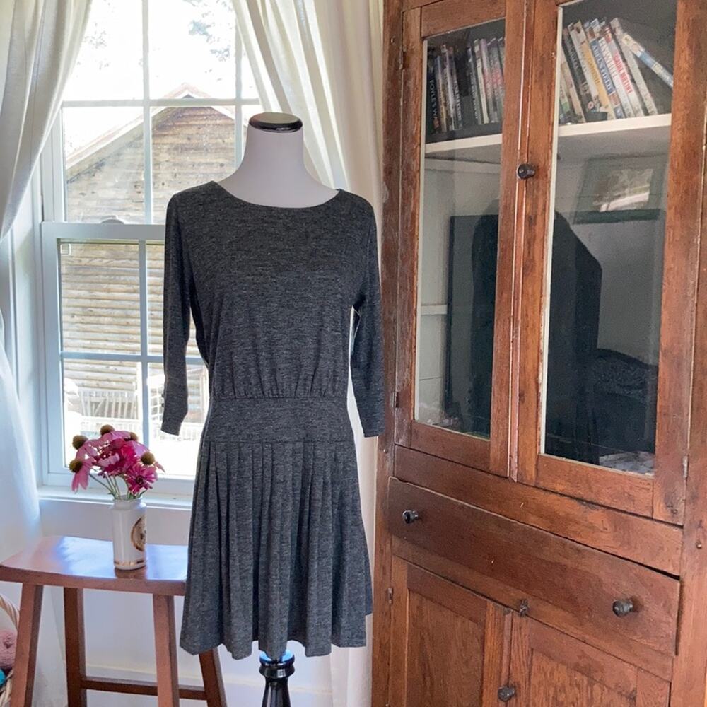 LOFT Dark Grey Pleated Dress With 3/4 Sleeves, Size 4P
